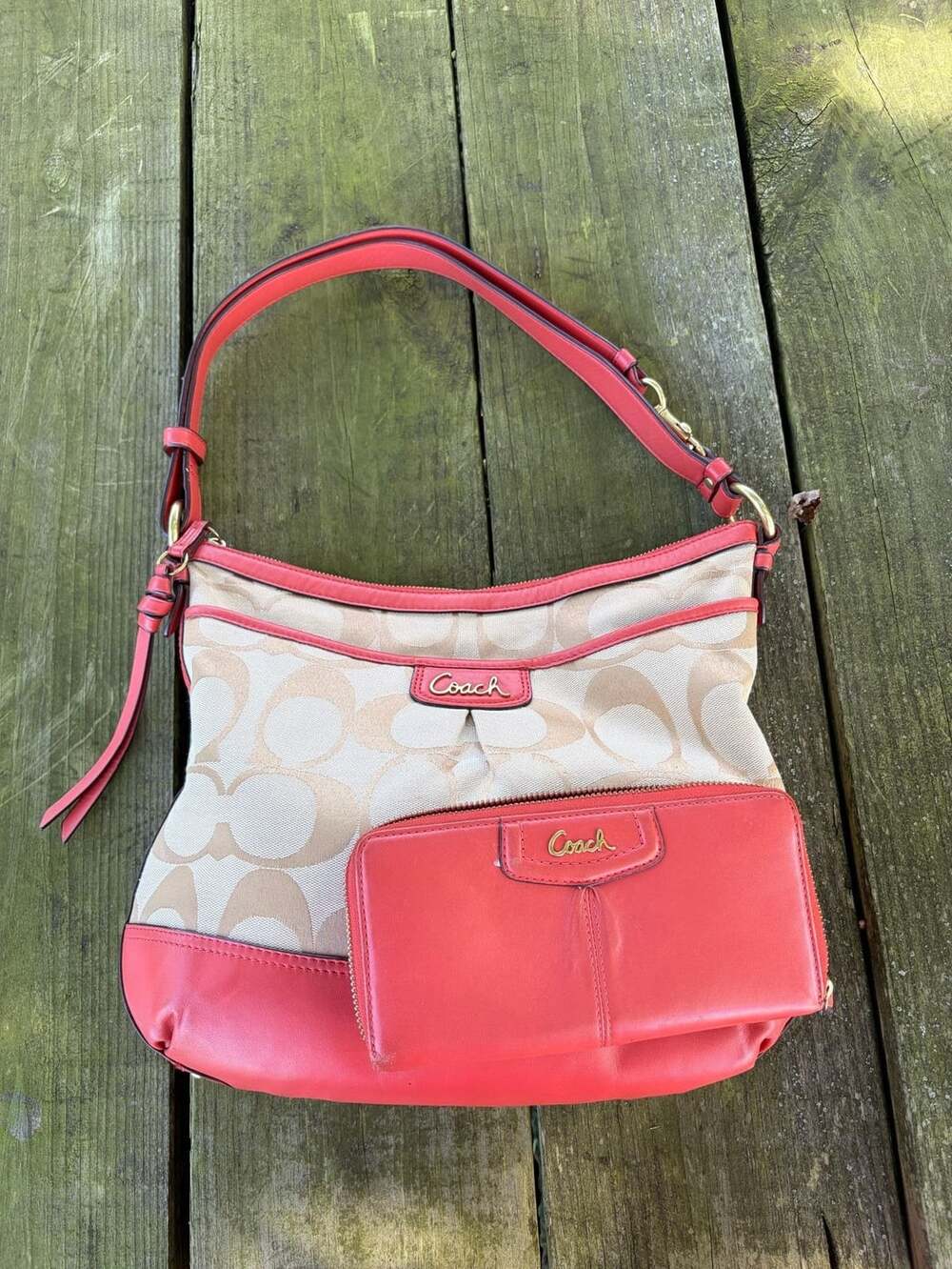 Coach Park Signature Carrie Hobo Bag Khaki Coral Orange persimmon F19727